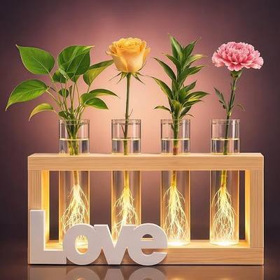 LED Plant Propagation Station 4 Glass Tubes for Hydroponic Cuttings | Solid Wood Stand, Borosilicate Glass Tubes, 9-Level Dimmable LED, No Assembly, Desktop Decor, Gifts for Women Plant Lovers