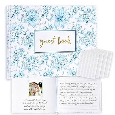 Floral Wedding Guest Book for Polaroid Photos, 100 Pages Lined and Blank Guestbook for Wedding Reception, 7x9 Sign in Book with Self-Adhesive Photo Corners for Big Days (Blue)