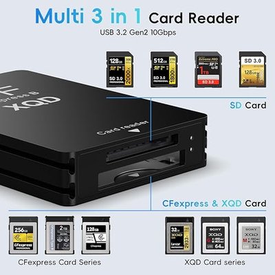 10Gbps CFexpress/XQD/SD Cards Reader 3-in-1 CFexpress Type B Card Readers Adapter XQD/SD Memory Card Reader USB 3.2 Gen 2 Support for Thunderbolt 3/4 Port for Professional Filmmakers - Black