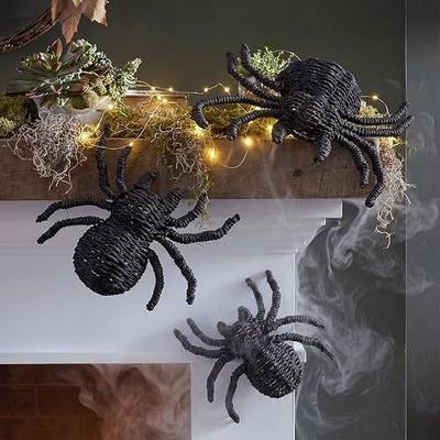 Beeveer 3 Pcs Woven Rattan Spider Halloween Decor – Handcrafted Black Rope Spiders, 3D Rustic Farmhouse Spooky Wall & Table Decorations for Home, Fireplace, Door, 9.06/7.48/5.91 Inch