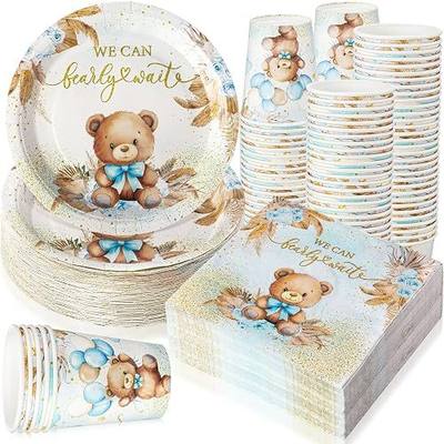 Ziliny 200 Pcs Blue Bear Baby Shower Decorations Supplies We Can Bearly Wait Paper Plates Napkins Cups Supplies Library Reading Book Club Decoration Tableware Serves 50 Guests