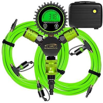 4 Tire Inflation Deflation System W/300PSI Digital Pressure Gauge | Fits up to 200" Wheelbase, Plastic Carry Box & Heavy Duty Hoses, Fits Truck, Car, Trailer, Motorcycle Offroad Vehicles, Green