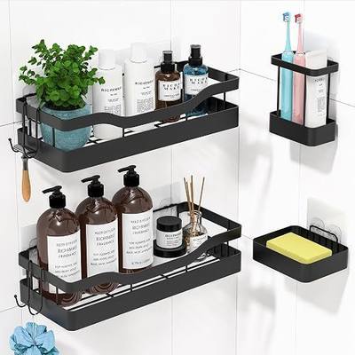 Adhesive Shower Caddy, Heavy-Duty Black Shower Organizer with 44lbs Load & 0.43" Wire Spacing, Rustproof Stainless Steel Bathroom Shelves, Includes Toothbrush & Soap Holders