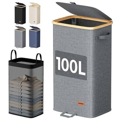 100L Laundry Hamper with Lid, Tall Dirty Clothes Hamper, Grey | Elegant bamboo appearance, Foot Loop, Removable Bag Easy to Lift and Carry, Bathroom, Bedroom, Laundry Room, Dorm