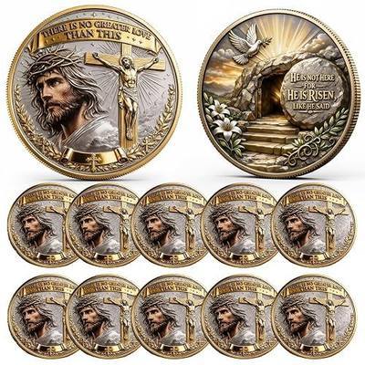 No Greater Love Resurrection Commemorative Coin,Christian Challenge Coin with Jesus Cross,Crown of Thorns & Empty Tomb,He is Risen Bible Verse Token,Inspirational Religious Gifts (10Pcs)