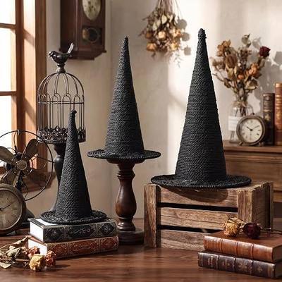 Beeveer 3 Pcs Halloween Rattan Witch Hat Decor, 14/12.2/10.2 Inch Handcrafted Black Rope Wizard Hats, 3D Rustic Farmhouse Spooky Decorations for Home Fireplace Door Table