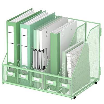 DALTACK 5-Slot Magazine File Holder, Metal Binder Holder, Mint Green | Iron Mesh Construction, Labeled Sections for Easy Sorting, Anti-Slip Feet, Binder and Folder Storage for Office, Classroom