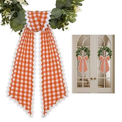 2 Pcs Orange and White Plaid Wreath Sash for Front Door Scalloped Ribbon Sash for Home Yard Outdoor Indoor Doorway Decor