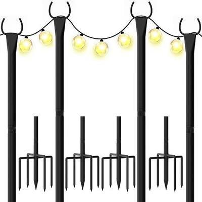 String Light Poles for Outside, 10ft Outdoor Poles for String Lights, Heavy Duty Stepped-in 5-Prong Base Light Pole for Backyard, Patio, Garden, Wedding & Party Decor (4 Pack)