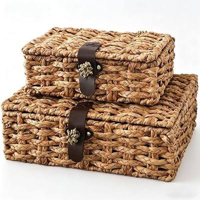Water Hyacinth Woven Decorative Box with Lid for Decor, Storage (Set of 2) | Large Capacity Storage Basket, Natural Material, Tight Weave, Magnetic Closure, Robust Structure, Both Functional & Aesthetic