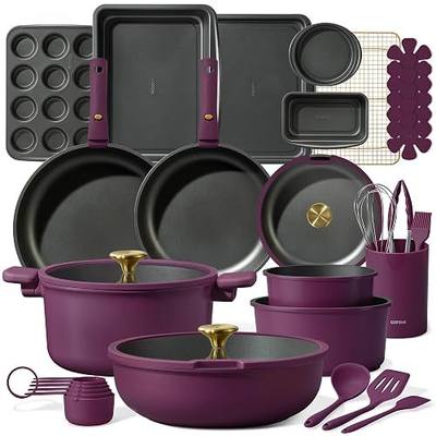 CAROTE 32pcs Pots and Pans Set Non Stick, Detachable Handle Cookware Sets | Bakeware and Kitchen Gadgets, Space Saving, Dishwasher & Oven Safe, Non-Toxic, for Camping/RV/Traveling, Purple