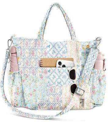 Miss Adola Aesthetic Crossbody Corduroy Tote Bag, Multi-Pocket Shoulder Bag, Large Capacity for 14 Inch Laptop, Travel, Work