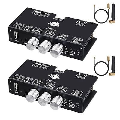 TW100U Mono Bluetooth Amplifier Boards, 2-PCS | 2 TPA3116D2 mono boards with TWS pairing, Bluetooth, AUX and USB inputs plus bass-treble controls, DC 12-24V.