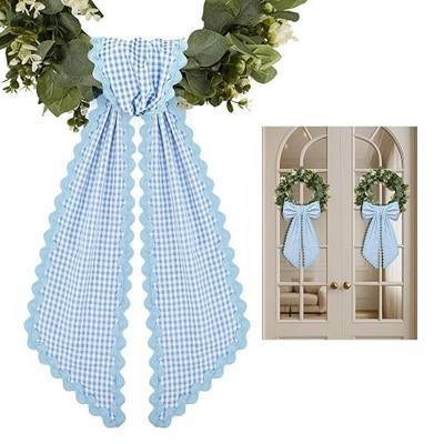 2 Pcs Blue and White Plaid Wreath Sash for Front Door Scalloped Ribbon Sash for Home Yard Outdoor Indoor Doorway Decor