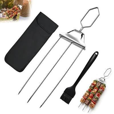 3 Prong Kabob Skewers for Grilling Set, 14.7" Stainless Steel Metal BBQ Skewers with Push-Off Slider, Silicone Basting Brush & Storage Bag, Reusable Shish Kabob Skewers for Meat & Vegetables