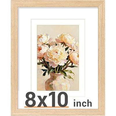 Vittanly Solid Wood 8x10 Picture Frame with Double Mat, Natural, 1 Pack | Display Pictures 4x6 and 5x7 with Mat or 8x10 without Mat, Covered by Plexiglass, Photo Frame for Wall or Tabletop