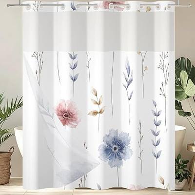 Blue Floral Shower Curtain – No Hook w/Snap in Liner, Fabric Waterproof Heavy Duty Hotel Quality, Machine Washable & Quick Dry, Cute Modern Boho for Bathroom Stall, 72" W x 72" L