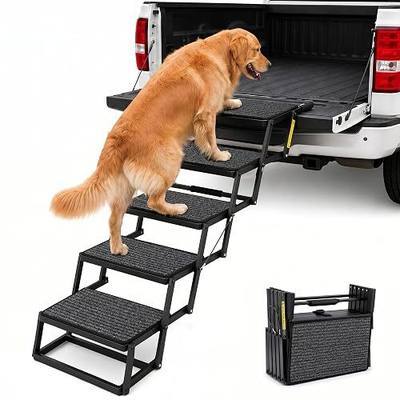 5-Step Heavy Duty Dog Stairs for Large Dogs, Truck Tailgate, 23-28.5 in | 200 lb capacity, foldable steel frame, 3mm safety cable, non-slip washable felt pads; folds to 17 x 13 x 6.3 in.