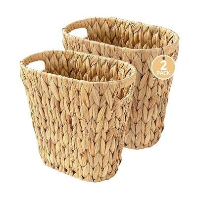 Coeusy 2 Pack Wicker Trash Can,Rattan Small Bathroom Trash Can,Boho Decorative Garbage Can with Handle, Water Hyacinth Narrow Waste Basket for Bedroom,Office,Toilet,Oval 3 Gallon