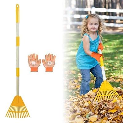 1PCS Adjustable Kids Rakes for Leaves & 1 Pairs Gloves, 34" Plastic Garden Yard Rake Small Childrens Lawn Rake Toddler Leaf Rakes with Detachable Hardwood Handle Gardening Tools for Boy Girl, Yellow