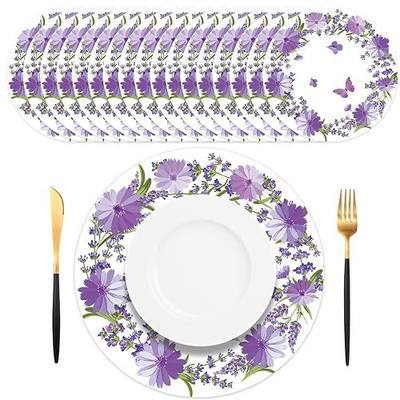 50 PCS Paper Placemats Disposable Round Lavender Floral Placemat Purple Wildflower Wreath with Butterflies Decorative Placemat for Birthday Summer Wedding Anniversary Bride Party Supplies