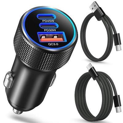 USB C 90W Car Charger for iPhone 17/16 Pro Max, 3-Port Fast Charging Type C Car Phone Charger Adapter,PD45W/30W/QC3.0 Multi Port Cigarette Lighter Adapter with USB C Cables for iPhone,MacBook,Galaxy