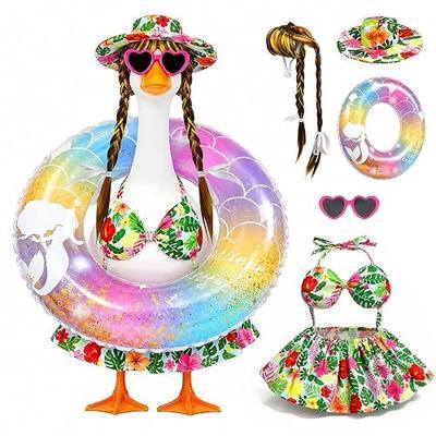Hawaiian Porch Goose Bikini Outfits, Summer Goose Swimsuit Clothes Fits 23" Goose Statue with Cute Hat, Goose Wigs, Sunglasses & Swimming Ring for Outdoor Patio Yard Decoration