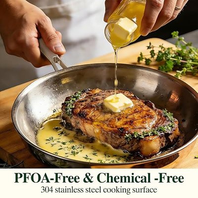 Umite Chef Stainless Steel Frying Pan Set, Skillet Set 8"/10"/12", Induction Compatible, Oven & Dishwasher Safe, 5 Ply Stainless Clad - Heavy Duty & Professional Cookware Set, Fast & Even Heat