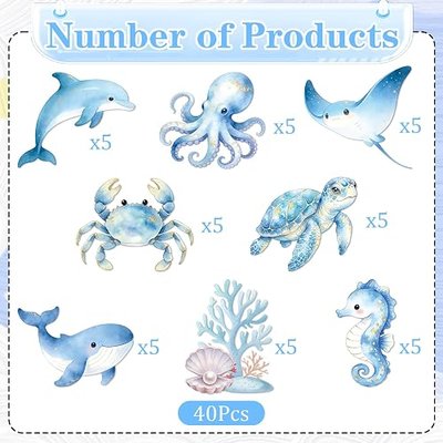 Under The Sea Party Decorations - 40 Pcs Seashell Sea You Soon Baby Shower Cupcake Toppers Decorations, Blue Summer Ocean Animal Theme Cake Decor Supplies for Boys Girls