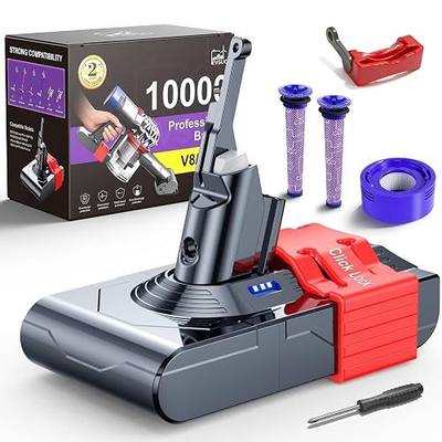 10000mAh 21.6V Battery Replacement for Dyson V8, 65 Min Runtime, Compatible with SV10 V8 Animal Absolute Motorhead Fluffy Carbon Fiber Car+Boat, Tool-Free Swap Clip & Switch Lock, 2-Yr Warranty