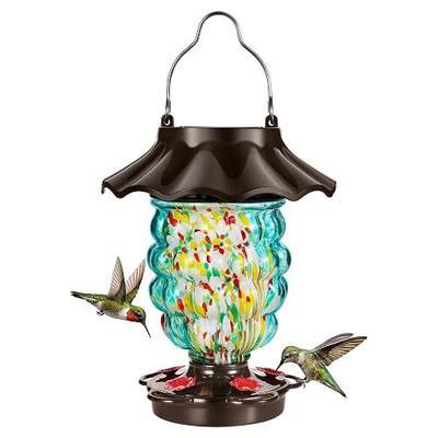 LUJII Solar Hummingbird Feeder for Outdoor Hanging, RGB Illuminated Hand-Blown Glass Lantern, 35 fl.oz, Leak-Free & Rust-Resistant, Metal Cap with 5 Feeding Ports, Pineapple Design, Teal