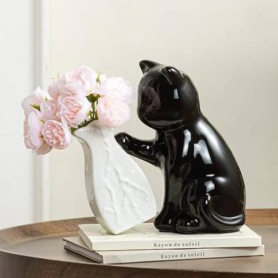 Cute Cat Vase with Flowers, 7.5in Small Ceramic Flower Vase & Cat Figurine | Unique Creative Black Vase Gifts for Cat Lovers, Decorative Vases for Home Office Bedroom Table Centerpieces Shelf Decor