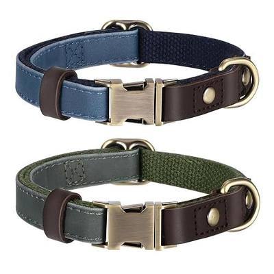 2 Pack PU Leather Dog Collars for Small Dogs Adjustable Dog Collars with Quick Release Metal Buckle with Nylon Lining for Girl Boy Dogs, Green+Blue