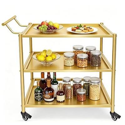3 Tier Kitchen Storage Cart with Wheels, Gold, 15"W x 31"L x 32"H | Metal Utility Cart with Handle, 300lbs Capacity, For Kitchen, Hotel, Home