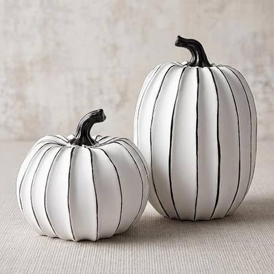 FESTGLOX White and Black Halloween Pumpkin Decor, Small Resin Pumpkin Set | 2Pcs Decorative Pumpkins for Halloween Decoration Indoor, Pumpkin Figurines for Decorating Modern Fall Kitchen Table Decor