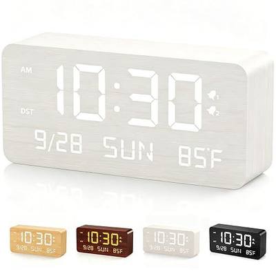 Wooden Digital Alarm Clock for Bedroom Desk Clock with Date, Day of Week, Temperature, Dual Alarms, Dimmer, USB Port Charge, DST, Adjustable Volume for Living Room/Office Wood Decor (White)