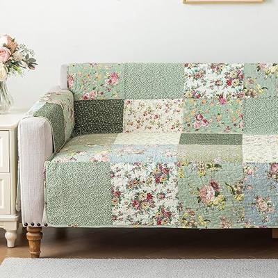 vctops Boho Patchwork Cotton Quilted Couch Cover for 3 Cushion Couch Floral Print Sofa Cover for Dogs Non Slip Backing Washable Furniture Protector with Elastic Strap for Pet Cat (Green,Sofa)