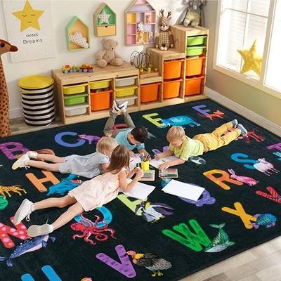 Classroom Rug Elementary, 3x5 Alphabet Rug, Black | Machine Washable Classroom Carpet for Kids Playroom, Non-Slip Kids Rug for Children Nursery Toddlers Bedroom