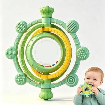 3D Rotatable Rattle Baby Teething Toys for 0-6 6-12 Months | Silicone Baby Teether Sensory Toys for Babies 0-24Months Relief Chew Sore Gums for Newborn Infant Essentials BPA Free