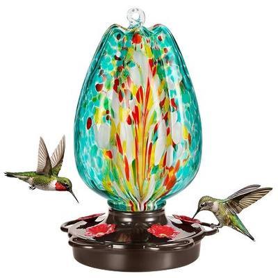 LUJII Tulip Shaped Hummingbird Feeder for Outdoor Hanging, Hand-Blown Glass, 28 fl.oz, Leak-Proof & Rustproof, with Ant Moat and Metal Cover with 5 Feeding Ports, Teal