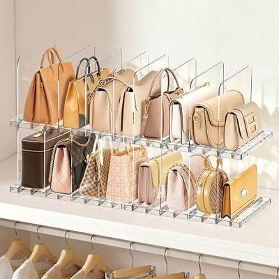 Stackable Purse Organizer for Closet Shelf, Acrylic 4 Set | Adjustable Dividers, Modular purse storage System, for Handbag Wallet Paper Bag, for Woman, Keep Upright Storage