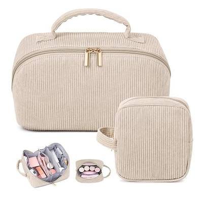 MAGEFY 2Pcs Makeup Bag Set for Women Corduroy Large Capacity Cosmetic Bag with Portable Toiletry Pouch, Wide-Open Makeup Organizer Purse Case for Essentials-Beige