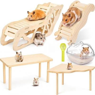 Qunclay 5 Pcs Hamster Wooden Platform Hideout Tunnels Climbing Ladder Toys with Hamster Bath Container Exploring Decor Cage Accessories for Small Animal Dwarf Syrian Mice Degus Gerbils