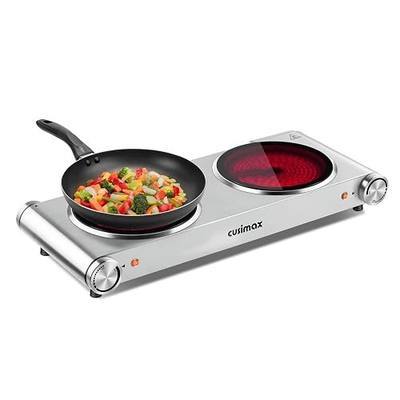 Double Burner, CUSIMAX Electric Hot Plate, 1800W Ceramic Infrared Cooktop | Portable Dual Control Electric Cooktop/Works with All Cookware/Compact/Stainless Steel/Easy Clean/Overheating Protection