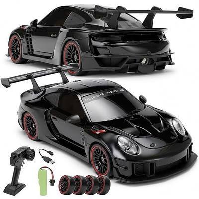 RC Drift Car with LED Headlights, Spray Mist & Underbody Lights, 2.4GHz Remote Control Car, High Speed RC Car with Extra Drift Tires, RC Cars for Adults and Kids, Indoor Outdoor Drift Car (Black)