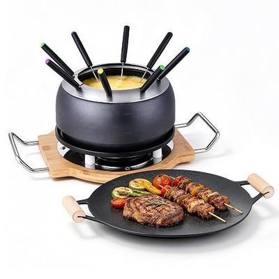 2-in-1 Electric Fondue Pot & Indoor Grill Set, 1200W Nonstick Griddle with Detachable Thermostat, 2.8L Nonstick Fondue Pot for Cheese Chocolate Broth, 8 Forks & Lid Included, for Family Party