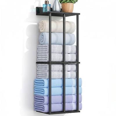 Towel Racks for Bathroom Wall Mounted with Wooden Storage Shelf, 3 Bar Metal Towel Holder for Rolled Towels, Sturdy Large Capacity Towel Storage Organizer for Bathroom Wall