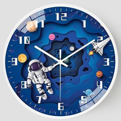 THIDARGO Kids Space Theme Wall Clock, Silent Quartz Movement, Large Easy-Read Numerals, Astronaut Rocket Design, HD Glass Cover, ABS Frame Clock for Bedroom/Study Room/Living Room (Blue-A, 10in)
