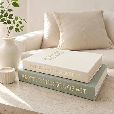 Decorative Books Set of 2, Linen Faux Books, Storage, Soft Sage & Beige | Magnetic Hidden Storage Books, Linen Covers, Textured Page Edges & Gold Foil for Living Room Decor and Coffee Table Styling
