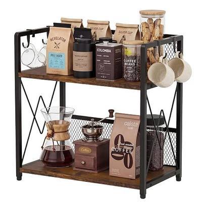 Coffee Bar Organizer 2-Tier with 4 Hooks, Shelf for Kitchen Station, Brown | 2-Tier Vertical Design, Sturdy Metal Frame & Wood, X-Shaped Support, 4 Hooks, for Coffee Station, Spice Rack, Bathroom Office